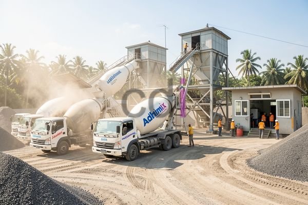 Batching plant mobile sedang beroperasi di lokasi proyek