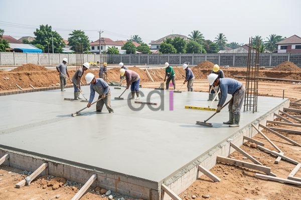 Pekerja sedang melakukan pengecoran lantai
