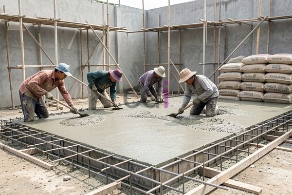 Pekerja pengecoran sedang menuang beton