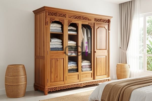 Lemari jati 3 pintu dengan desain ukiran modern